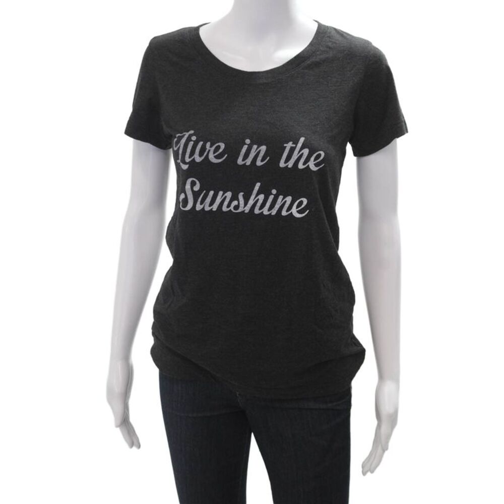 Bandier Women Jersey T-Shirt Dark Gray Graphic Round Neck Short Sleeve Size S